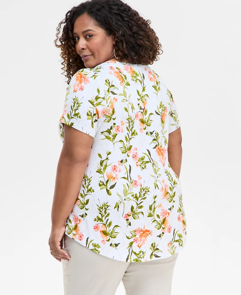 Jm Collection Plus Printed Scoop-Neck Top