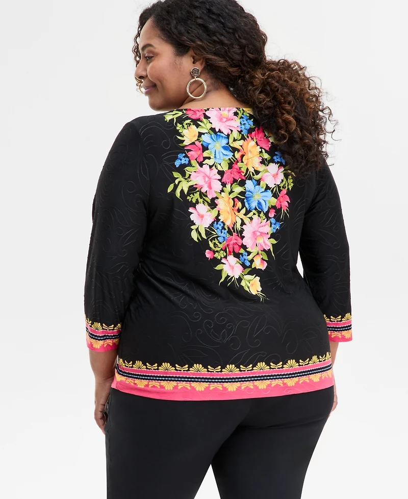 Jm Collection Plus Printed 3/4-Sleeve Top, Exclusively at Macy's