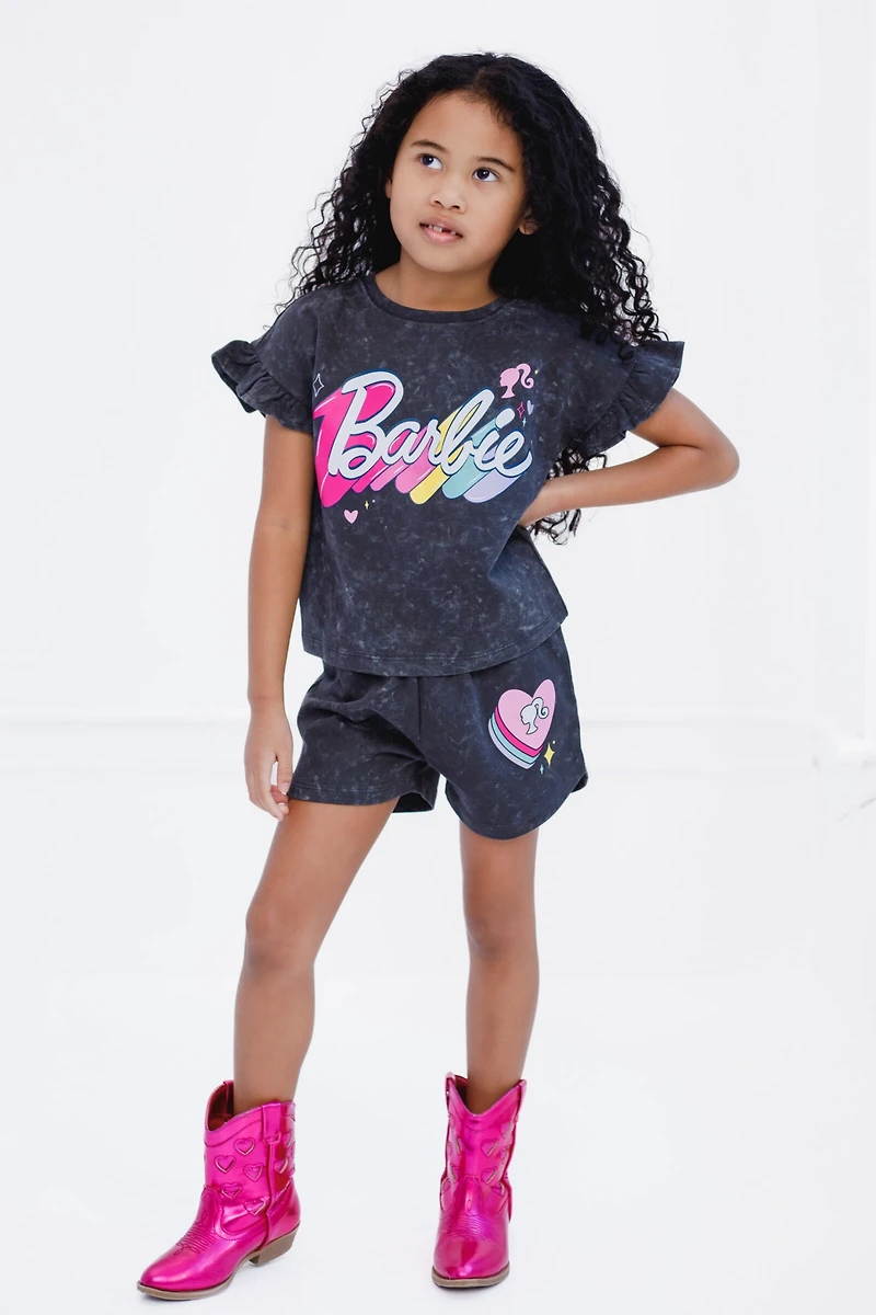 Barbie Little Girls French Terry T-Shirt and Shorts Outfit Set