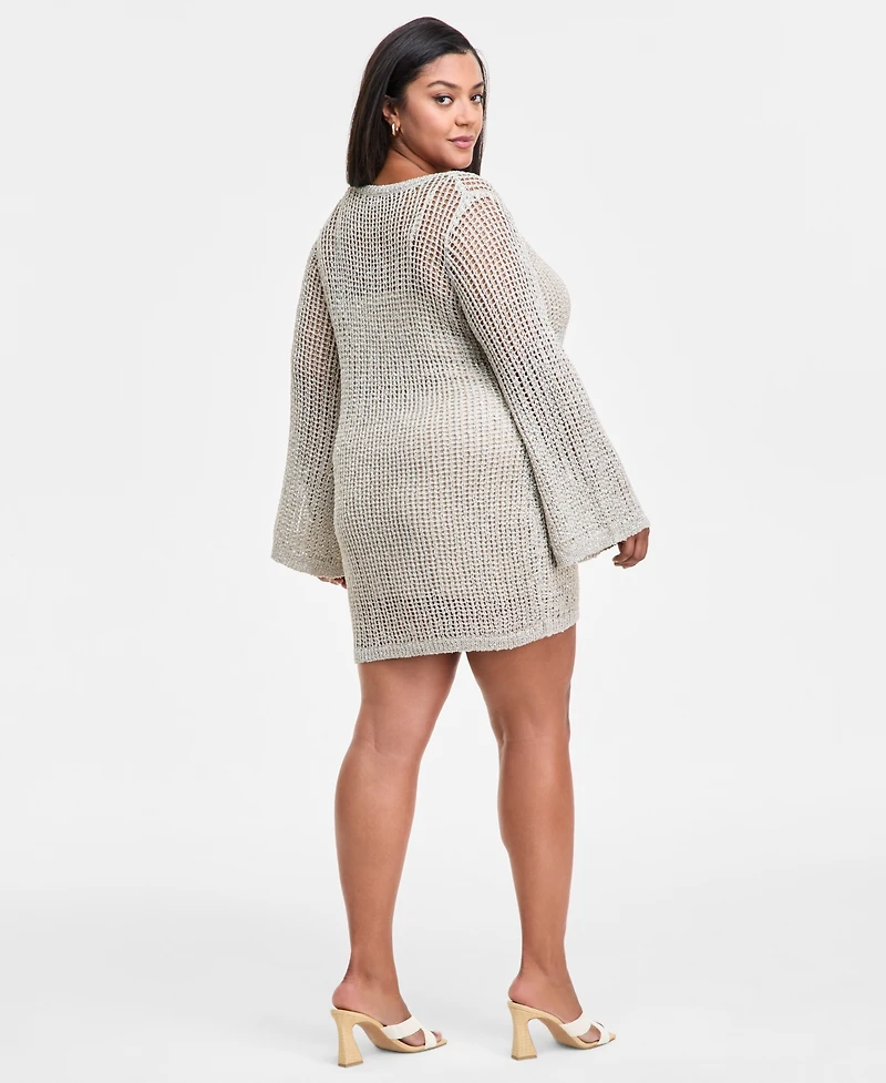 Bar Iii Trendy Plus Long-Sleeve Crochet Mini Dress, Exclusively at Macy's