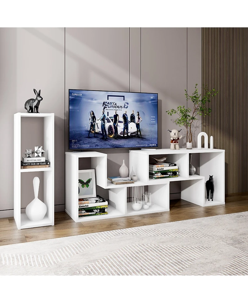 3 Pieces Tv Console Stand Modern Entertainment Center Storage Bookcase