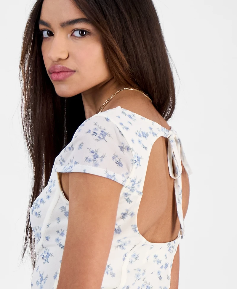 Hippie Rose Juniors' Corset Short-Sleeve Mesh Top