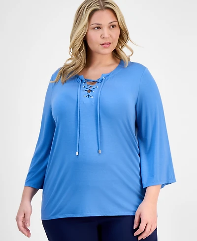 Jm Collection Plus Lace-Up Split-Neck Top, Exclusively at Macy's