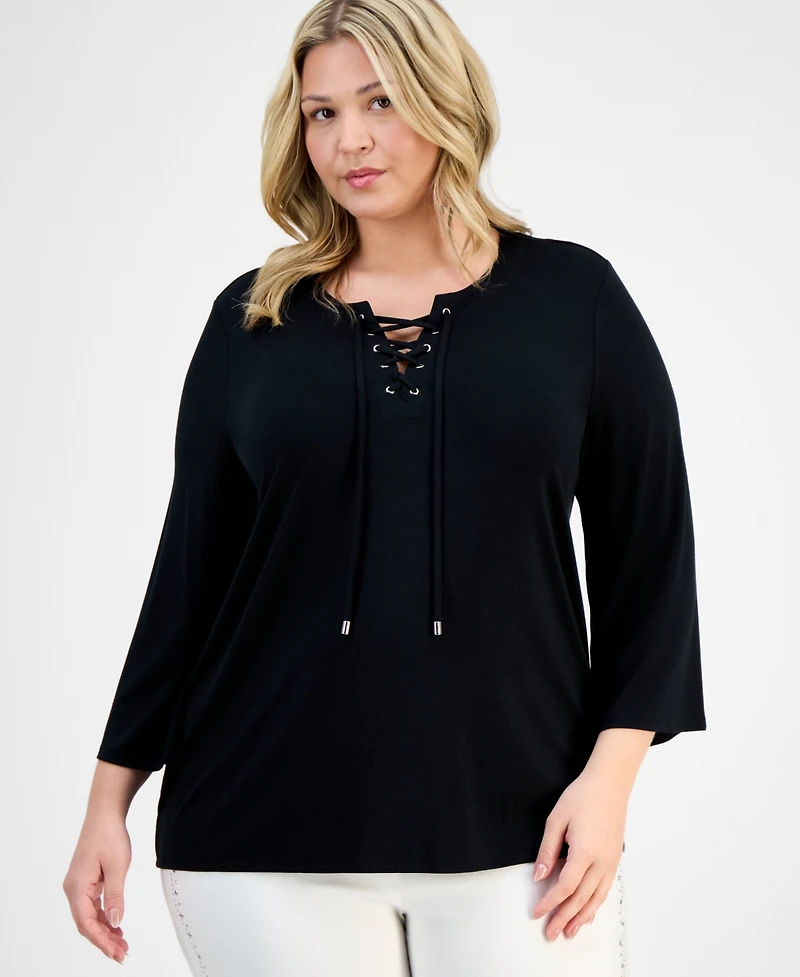 Jm Collection Plus Lace-Up Split-Neck Top, Exclusively at Macy's