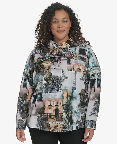 Karl Lagerfeld Paris Plus Size Whimsical Paris-Print Shirt, Exclusively at Macy's