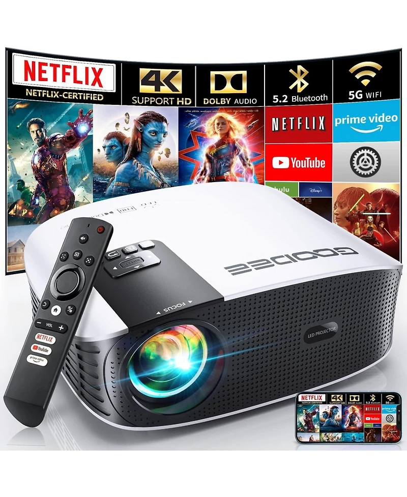 Elephas Smart 4K Projector with 5G Wifi and Bluetooth, Netflix/Amazn Prime Video Certified, Dolby Audio, 800ANSI Outdoor Movie Projector, 400"Home The