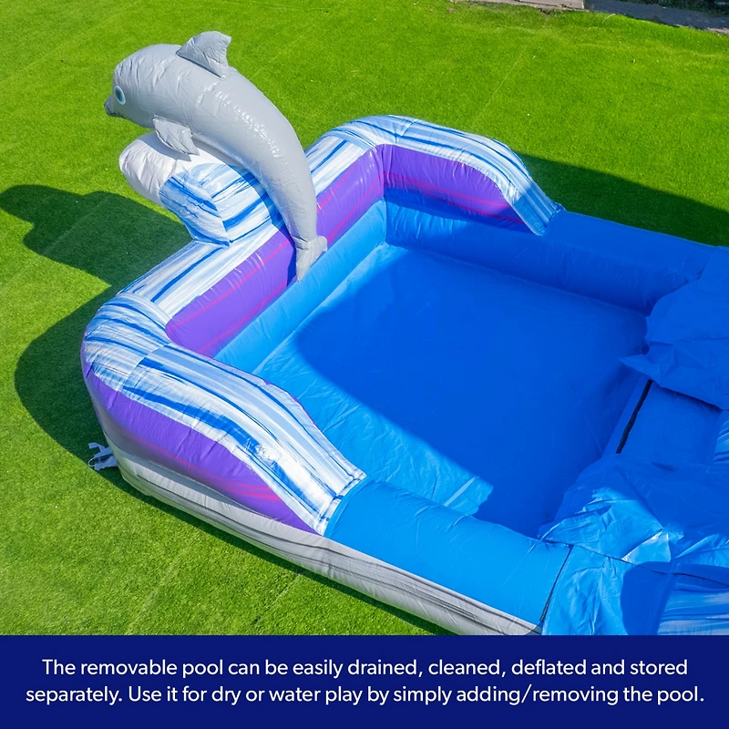 HeroKiddo 16FT Dolphin Inftatable Water Slide with Detachable Pool & Air Blower, Commercial Grade, 100% Pvc Vinyl, Outdoor Backyard, Kids and Adults,