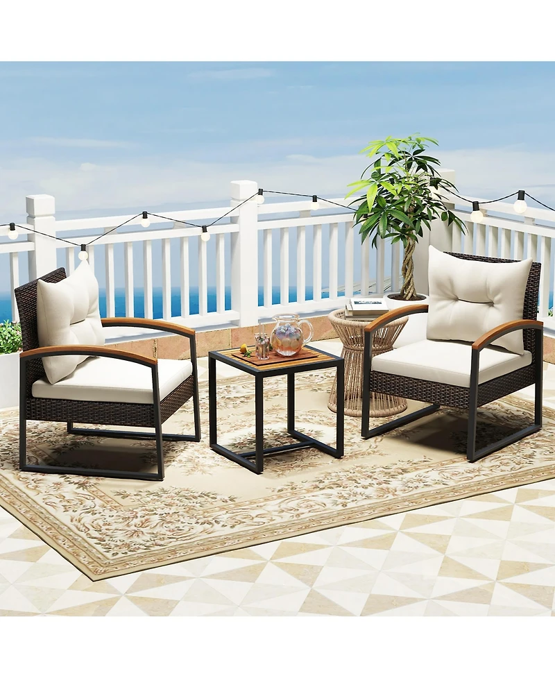 Gymax 3PCS Patio Wicker Furniture Set Pe Wicker Furniture Conversation Set w/ Acacia Wood Table