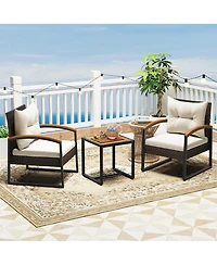 Gymax 3PCS Patio Wicker Furniture Set Pe Wicker Furniture Conversation Set w/ Acacia Wood Table