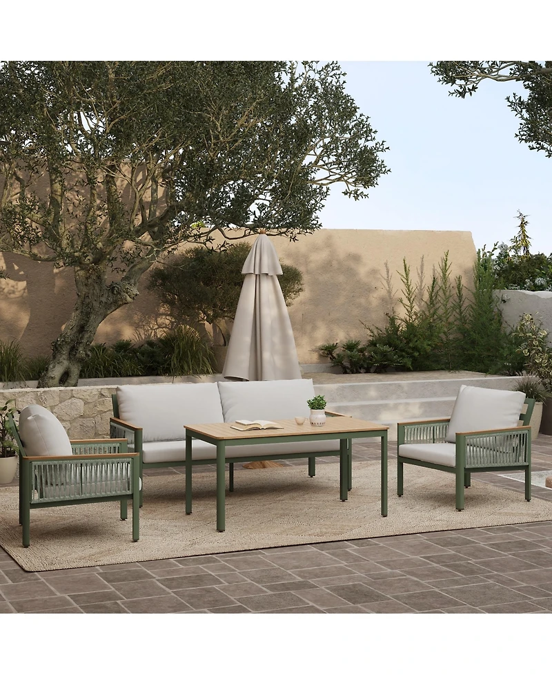 LuxenHome Outdoor Aluminum with Wood-Style Plastic Loveseat Sofa with Cushions and Coffee Table Set