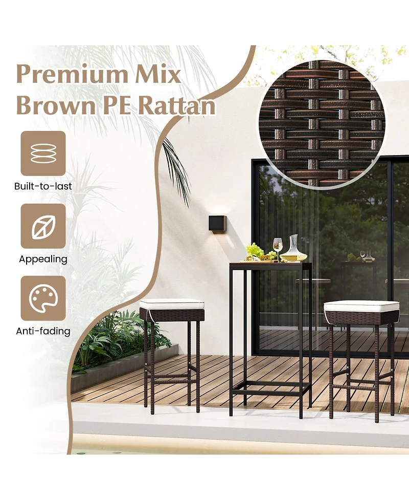Patio Rattan Barstools Set of 4 with Footrest and Soft Cushions for Backyard Balcony