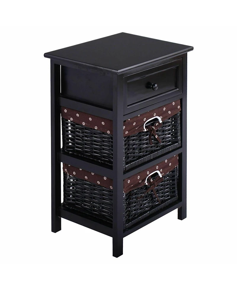 3 Tier Set of 2 Wood Nightstand with 1 and 2 Basket Drawer