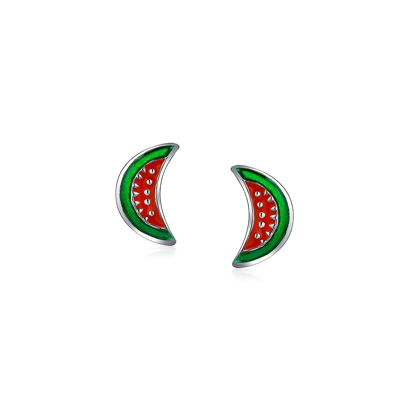 Bling Jewelry Tiny Small Summer Fruit Enamel Red Green Watermelon Stud Earrings .925 Sterling Silver