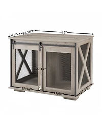 Farmhouse Dog Cage Crate Furniture with Sliding Barn Door Gray