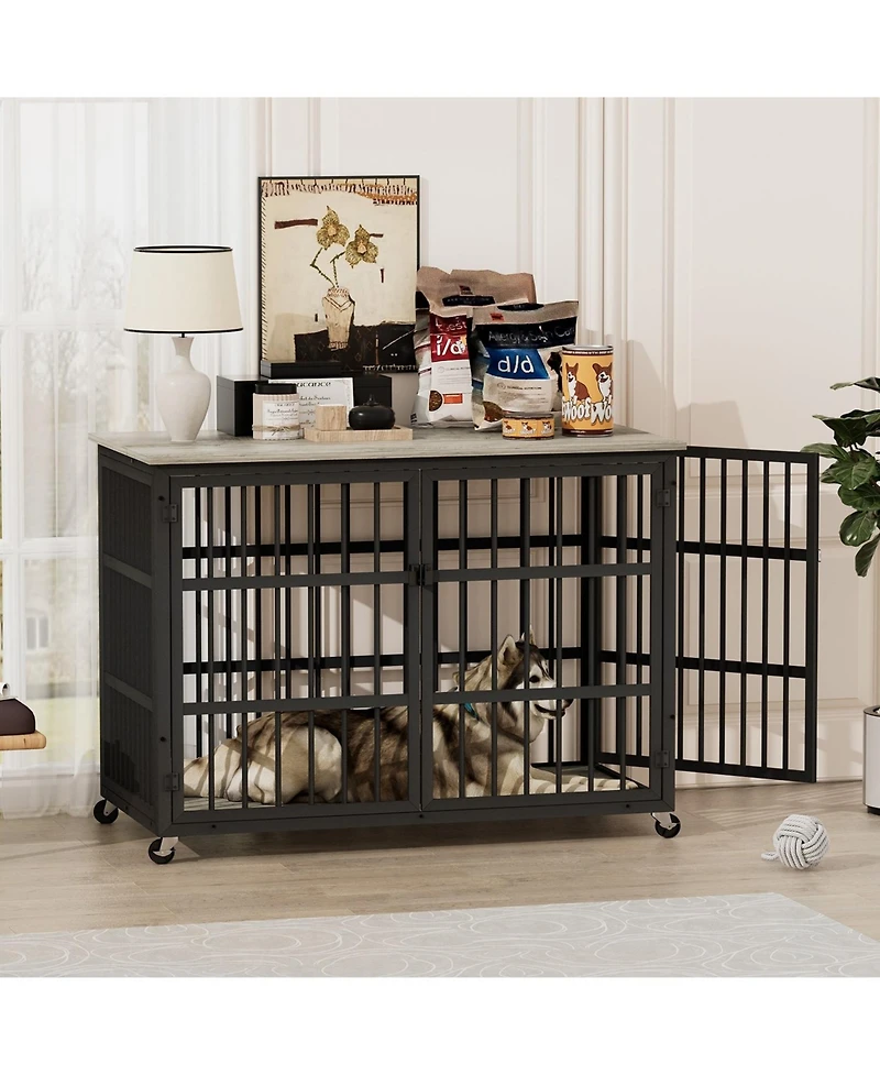 Furniture style dog crate wrought iron frame door with side openings, Rustic Brown