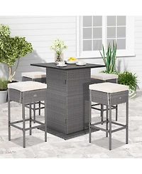 5 Pieces Outdoor Wicker Bar Table Set with Hidden Storage Shelves