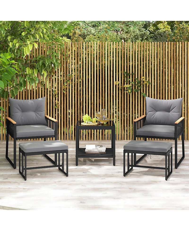 Gymax 5 Piece Patio Conversation Set Pe Rattan Wicker Chairs w/ 2 Ottomans Soft Cushions