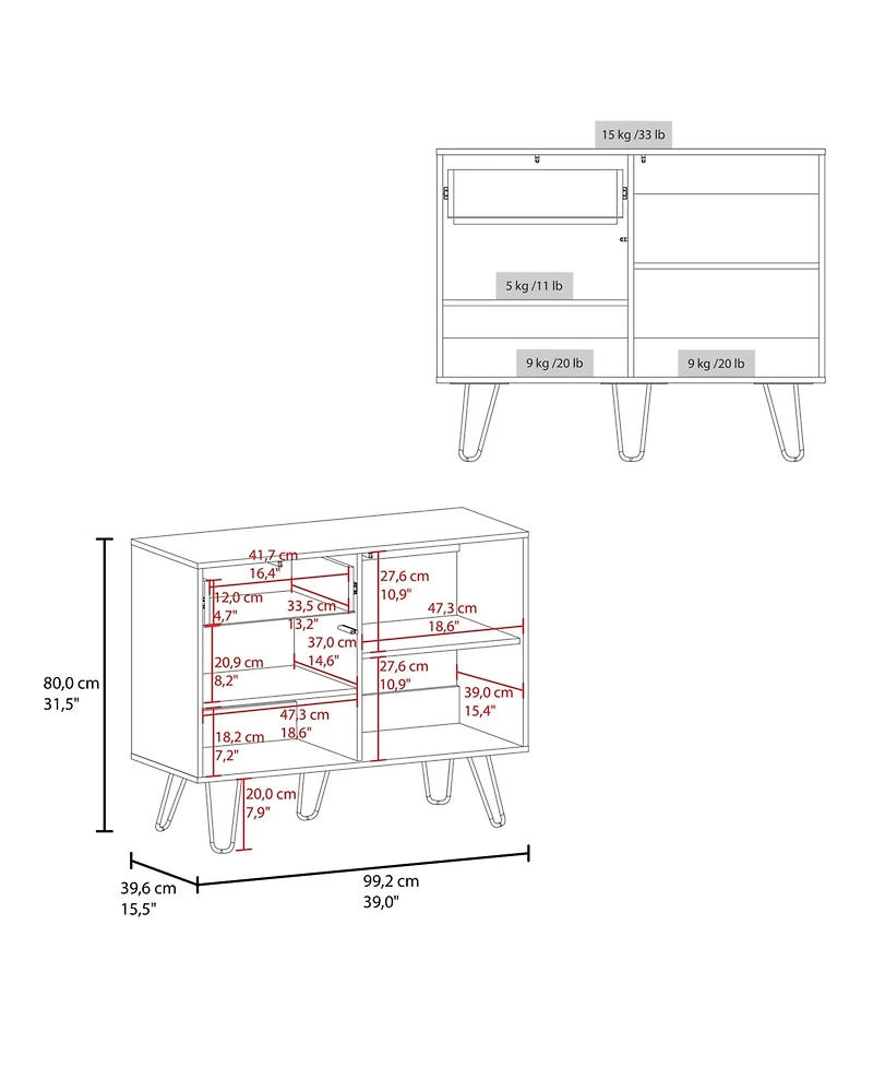 Fm Furniture Red Rock Sideboard with Hairpin Legs, White and Natural Oak Finish