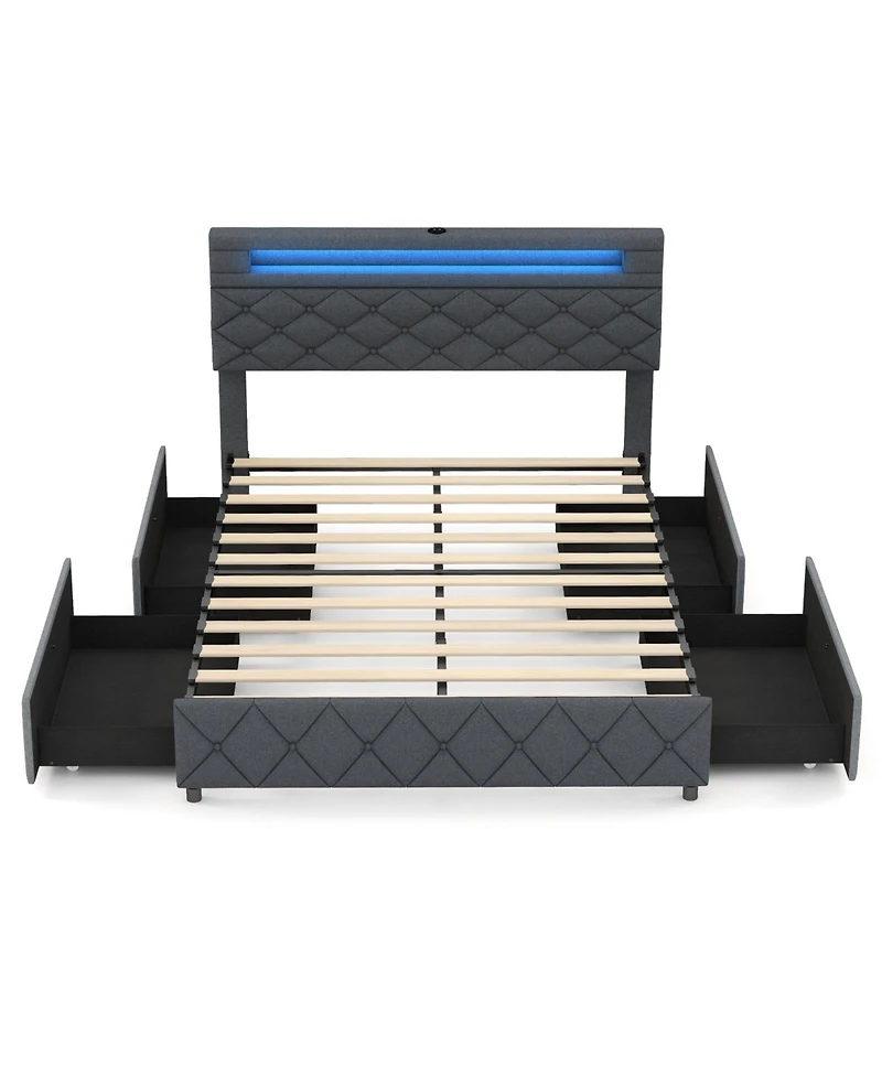Bed Frame with Adjustable Storage Headboard and Wooden Slat Support