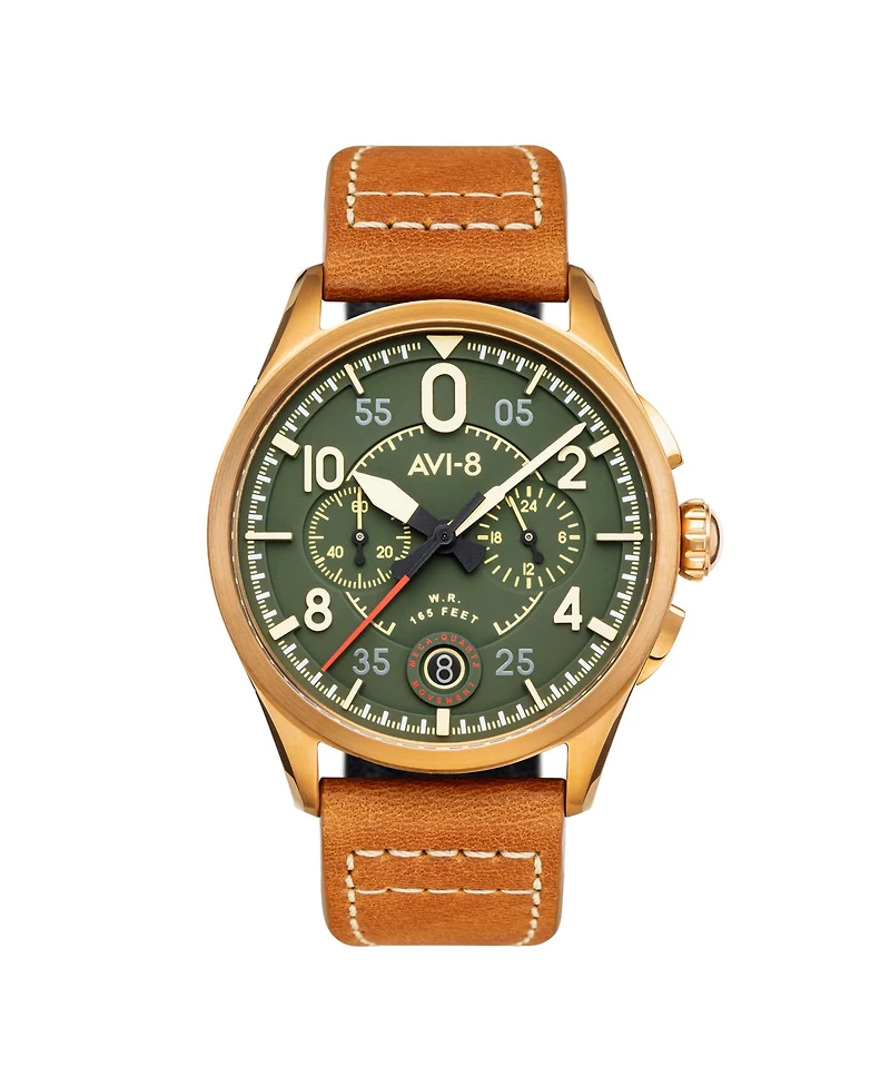 Avi-8 Men's Spitfire Lock Chronograph Brown Leather Strap Watch, 42mm