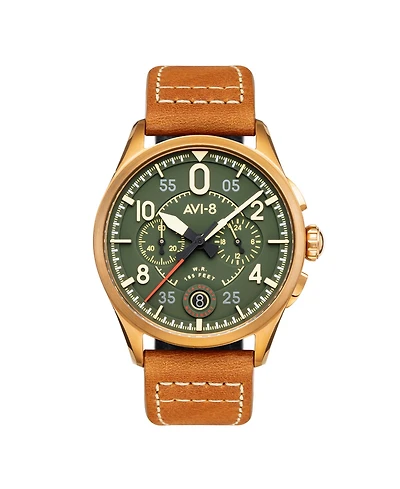 Avi-8 Men's Spitfire Lock Chronograph Brown Leather Strap Watch, 42mm