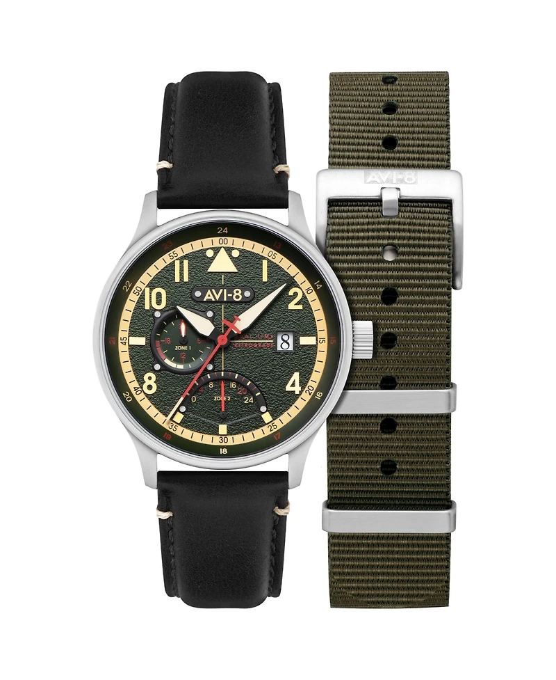 Avi-8 Men's Hawker Hurricane Mckellar Dual-Time Black Leather Strap Watch, 44mm