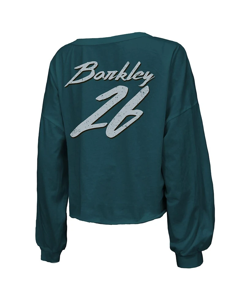 Majestic Women's Saquon Barkley Midnight Green Philadelphia Eagles Super Bowl Lix Name Number Off-Shoulder Script Long Sleeve V-Neck T-Shirt