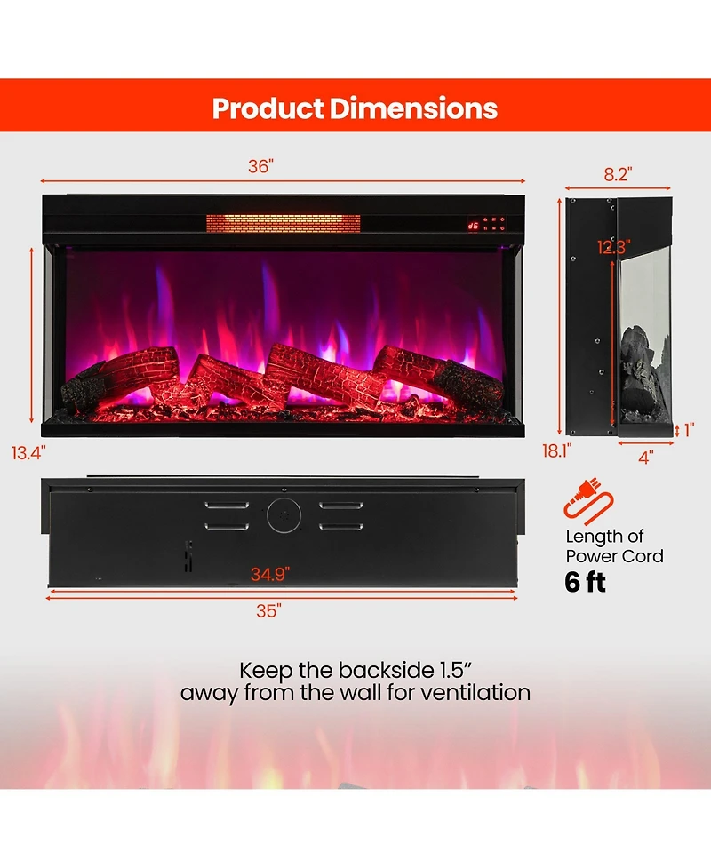 3-Sided 1500W Electric Fireplace with 7-Color Flame for Stylish and Customizable Heating
