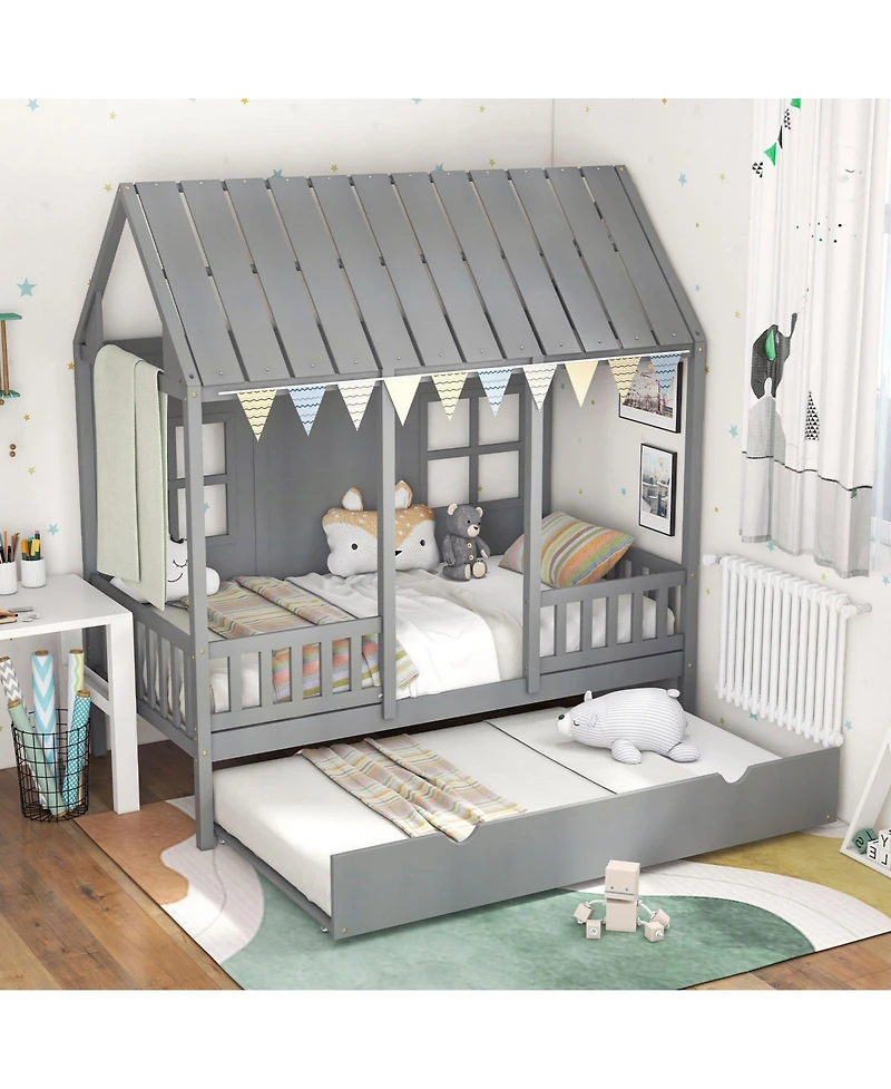 House Bed Frame with Trundle and Tall Roof Design for Kids Bedroom or Guest Room