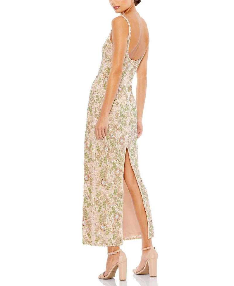 Women's Sleeveless Hand Beaded Floral Midi Dress