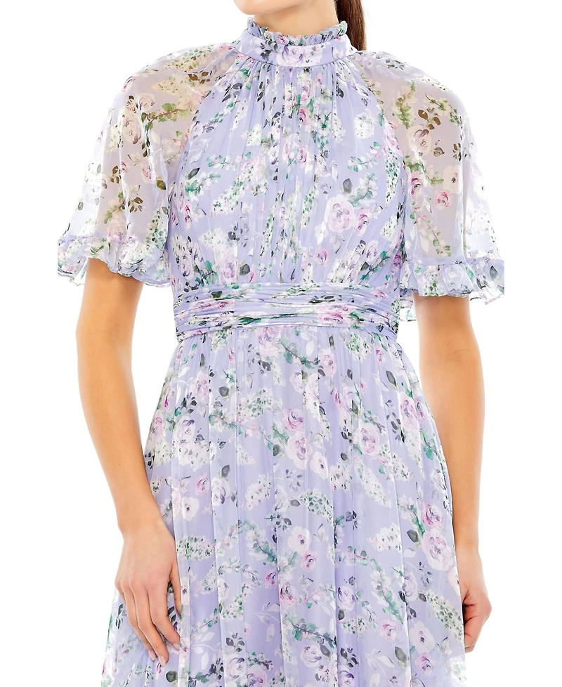 Women's Floral Print High Neck Raglan Sleeve Dress