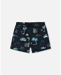 Boy Printed Swim Trunks Light Blue Beach On Black - Toddler|Child