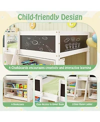 Twin Low Loft Bed with Ramp Ladder & Bookcases Full-length Safety Guardrail