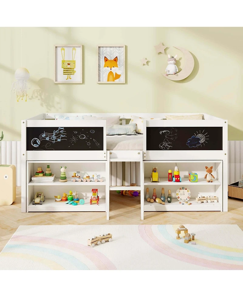 Twin Low Loft Bed with Ramp Ladder & Bookcases Full-length Safety Guardrail