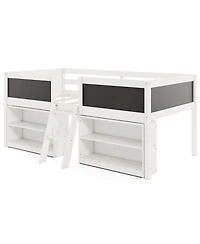 Twin Low Loft Bed with Ramp Ladder & Bookcases Full-length Safety Guardrail
