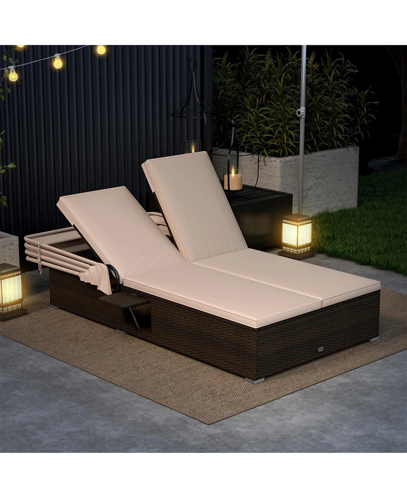 Patio Double Chaise Lounge with Shade Cushions and Folding Side Trays