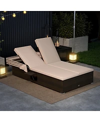 Patio Double Chaise Lounge with Shade Cushions and Folding Side Trays
