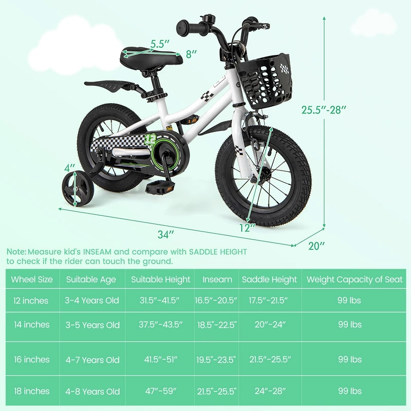 Kids Bike Children Bicycle with Training Wheels for 3-4 Years Old