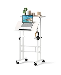 Mobile Standing Desk Height-Adjustable Laptop Cart with Split Top and Hanging Hooks