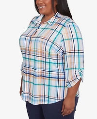 Alfred Dunner Plus Size Nantucket Plaid Knit Button Front Collared Top