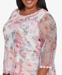 Alfred Dunner Plus Estate of Mind Floral Mesh Watercolor Crew Neck Top