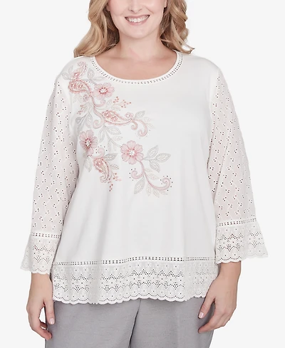 Alfred Dunner Plus Size Estate of Mind Embroidered Floral Eyelet Trim Top