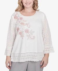 Alfred Dunner Plus Size Estate of Mind Embroidered Floral Eyelet Trim Top