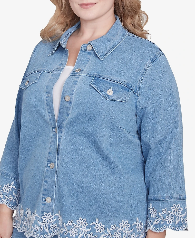 Alfred Dunner Plus Size Flower Power Denim Floral Embroidered Jacket