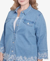 Alfred Dunner Plus Size Flower Power Denim Floral Embroidered Jacket