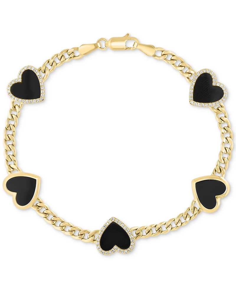 Effy Onyx (9 x 8-1/2 mm) & Diamond (1/4 ct. t.w.) Heart Flex Bracelet in 14k Gold Over Silver