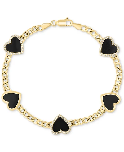 Effy Onyx (9 x 8-1/2 mm) & Diamond (1/4 ct. t.w.) Heart Flex Bracelet in 14k Gold Over Silver