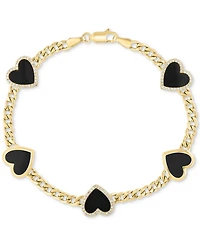 Effy Onyx (9 x 8-1/2 mm) & Diamond (1/4 ct. t.w.) Heart Flex Bracelet in 14k Gold Over Silver