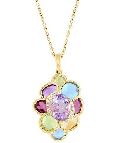 Effy Multi-Gemstone (6-5/8 ct. tw.) & Diamond (1/20 ct. t.w.) Cluster Pendant Necklace in 14k Gold, 17" + 1" extender