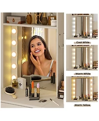Compact Vanity Desk with 3-Color Lighted Mirror and Built-In Power Outlets